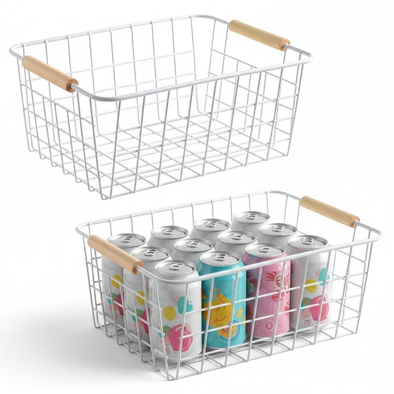 Aeggplant Kitchen Wire Baskets Farmhouse Decor Metal Food Storage Organizer,Household Refrigerator Bin with Built-in Handles for Cabinets, Pantry, Bathroom,2 Packs(white) - Image 1
